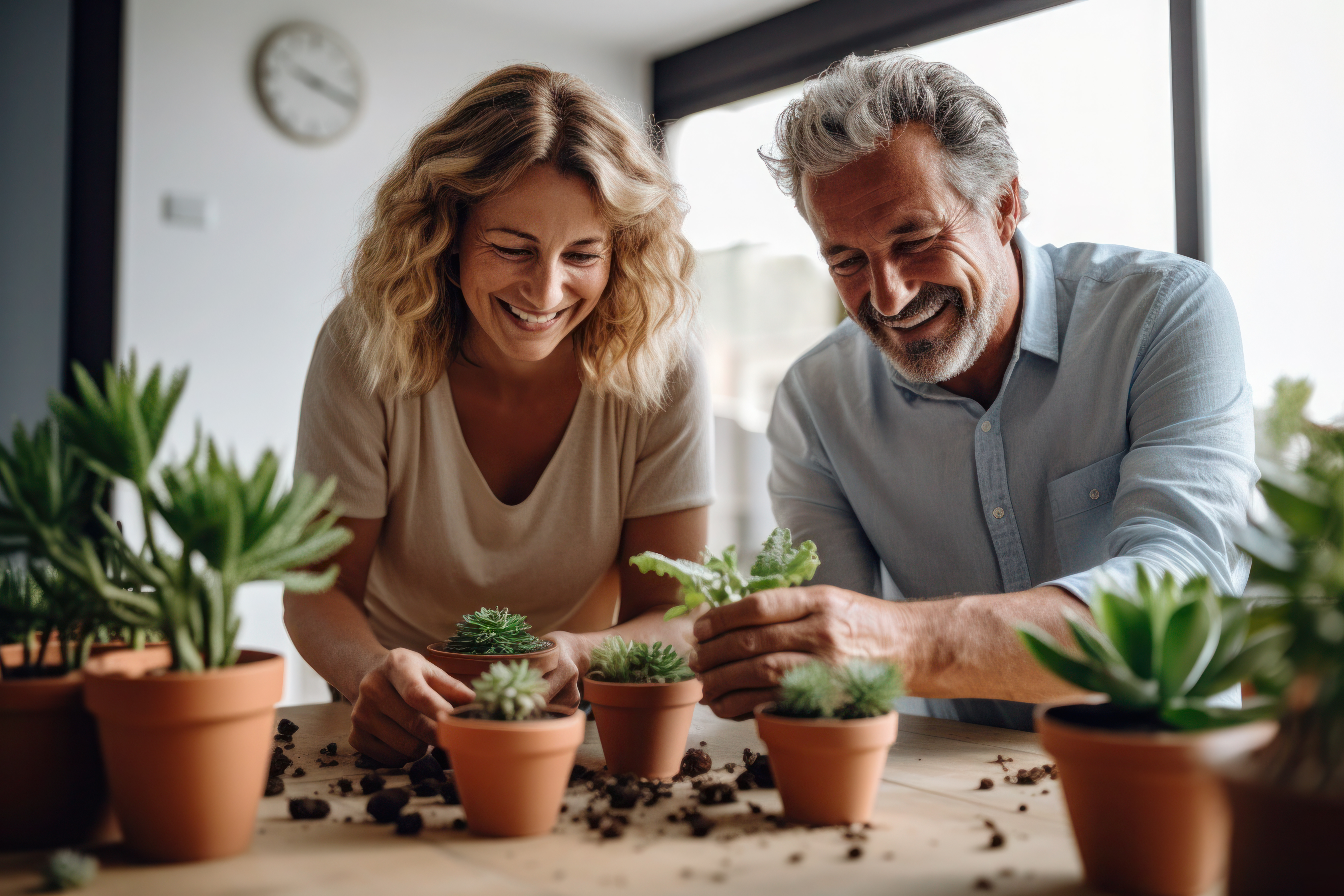 A middle-aged couple tends to their indoor plants